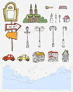 手绘城市风景路灯插画小车 平面电商 创意素材