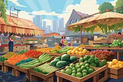 菜市场生鲜蔬菜市场线条插画