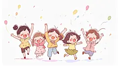 彩色卡通手绘扁平风欢呼雀跃儿童插画开心加油ai绘画 - 觅知网