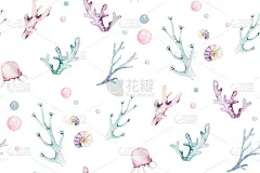 海洋动物蓝色水彩海洋无缝图案鱼，海龟，鲸鱼和珊瑚。壳牌水族馆背景。航海海星海洋插图