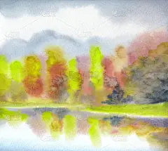 活泼的手绘水边新鲜的白杨云杉薄雾场景纸文背景.明亮的红色橙色手绘草丛宁静凉爽的天气日景清澈的溪湾海滨