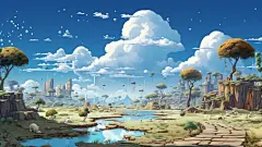 蓝天白云花朵浮岛壁纸素材图片
