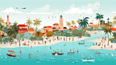 山海边游泳的人物树木素材