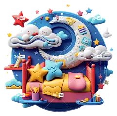 世界睡眠日3D插图房间装饰床和灯月亮在天花板上-3D月亮在带床的黑暗房间里闪耀
