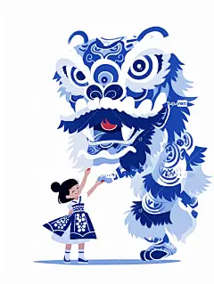 一个中国小女孩站在舞狮前 青花瓷海报