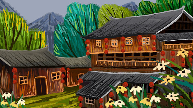 少数民族房屋绘画