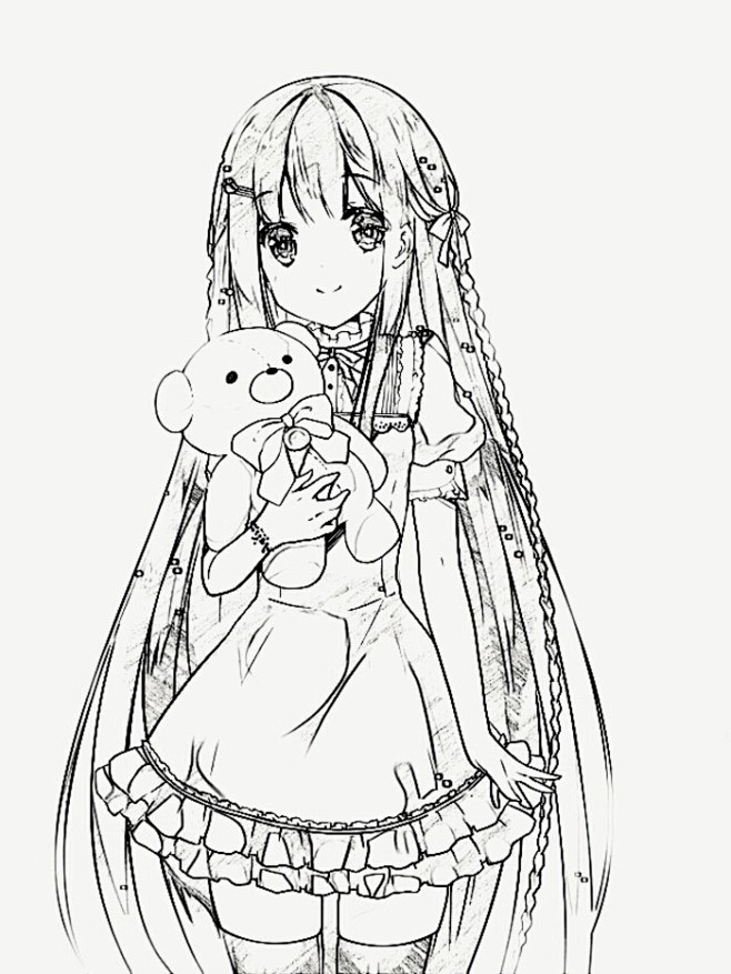 简笔画女孩 可爱呆萌手绘卡通图片可爱黑白二次元手绘线稿清晰女生