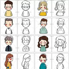 XG83手绘卡通可爱男女人物头像线稿简笔画线描填色画画插画素材图-淘宝网