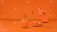 在最小的舞台上收集南瓜，橙色背景。3d渲染插图，漂亮的横幅为聚会邀请，贺卡，显示您的产品或更多。万圣