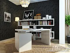 [] 深咖啡色的花纹壁纸，衬托出现代感十足的白色家具，营造出时尚前卫的空间氛围。