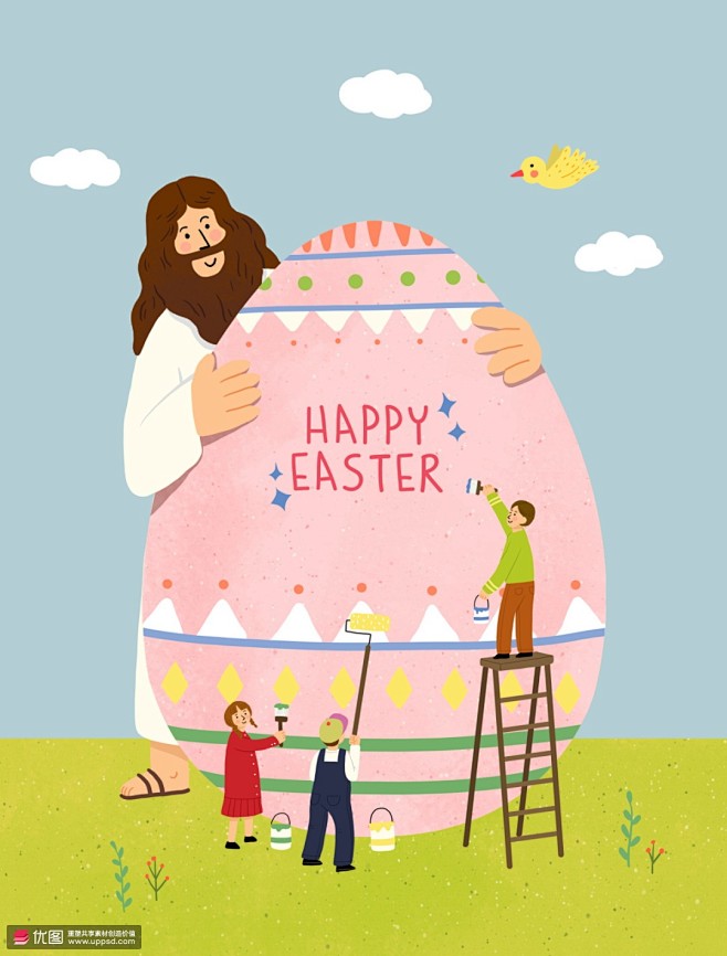 复活节彩蛋耶稣绘画孩童基督教插画 宗教插...
