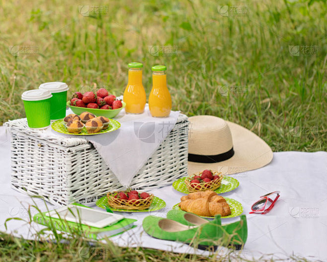 野餐,牛角面包,果汁,夏天,草,咖啡,浆...