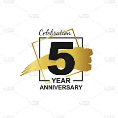金婚五周年的标志庆祝与框架和手绘墨刷金丝带。白色背景和黑色号码的生日宴会海报贺卡的矢量模板元素. 