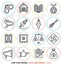 法律和秩序行图标-杂项图标Law and Order Line Icons - Miscellaneous Icons公告中,律师,徽章,书,贿赂,合同,犯罪,有罪,手铐,图标,说明,调查,监狱,官,正义,关键,法律,律师,法律、行,挂饰,秩序,轮廓,警察、监狱、安全、规模、安全、集,矢量 announcement, attorney, badge, book, bribe, contract, crime, guilty, handcuff, icon, illustration, investigat