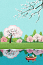 一对夫妇在湖上划独木舟和樱花树的插图图片