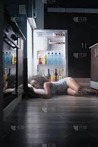 热浪,女人,冰箱,黑色,垂直画幅,留白,拉美人和西班牙裔人,夜晚,情绪压力,夏天