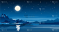 湖,夜晚,山,黄昏,云,春天,河流,户外,满月,剪影