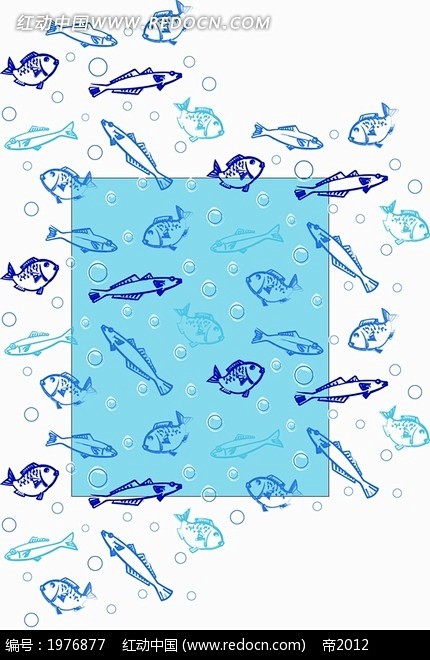 蓝色矩形前的蓝色水泡和蓝色鱼构成的图案背...
