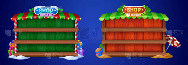 卡通集游戏商店框架与空木架。圣诞节和夏季...
