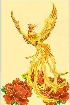 花朵唯美手绘黄红国潮凤凰插画素材-众图网