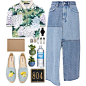 A fashion look from June 2017 featuring multi color polo shirt, asymmetrical denim skirt and embroidered flat shoes. Browse and shop related looks.