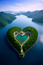 https://s.mj.run/rRAU2pQCUCk The top of the mountain, a bird's-eye view from the sky, a large heart-shaped pool with a ruby edge is located in the center of the top of the mountain, surrounded by green lawns, mountain roads, majestic, clearly visible, dar