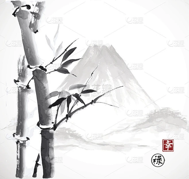 竹和山，用墨水手绘素材-花瓣网