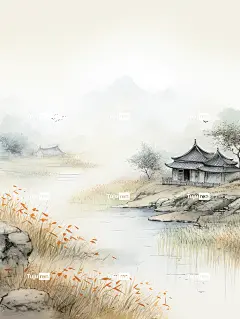 中国传统山水以浅灰色细线纹理为背景，以古老的纸质纹理为特色，