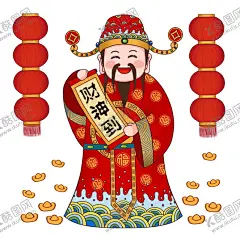 新年财神拜年PNG素材 【酷图网】财神,卡通财神,手绘财神,灯笼,招财进宝,新春,新年,拜年,聚宝盆,PNG免扣素材