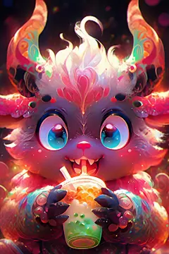 3d立体2024新年喝奶茶的中国龙元素