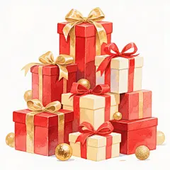 水彩风格插画，多个大小不一的礼物盒堆叠组合，主体为红色与米黄色礼盒，搭配金色和红色蝴蝶结，丝带褶皱自然垂坠，散落的金色圆形装饰球点缀其间，柔和的边缘晕染效果，透明水彩特有的轻盈质感，温暖喜庆的氛围，高饱和度色彩碰撞，白色背景突出主体，笔触细腻柔和，光感通透，无文字及二维码元素。