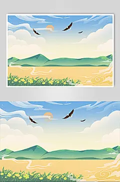 扁平风河流草原插画背景元素素材