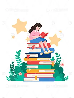 扁平风坐在书堆上看书阅读学习的女孩矢量插画高清模板免费下载-趣麦麦图