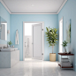 In the spacious and bright modern minimalist bathroom scene, the light blue walls are bright and smooth, and an open door appears on the wall. The picture is full of young and energetic elements, and the overall tone is light blue.