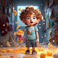 Celluloid style, wave painting, American illustration, a little boy is holding a bag of snacks, with crumbs around his mouth, super cute, colorful, watery eyes, happy, in the room, 3d, blender, OC, C4D,-Midjourney v5-Ai-Art-Ai画廊,Ai作品精选,Midjourney咒语,提示词,关键