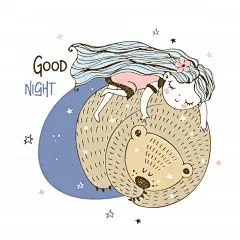 趴在大熊身上睡觉的小女孩，手绘小清新T恤印花插画矢量图设计素材