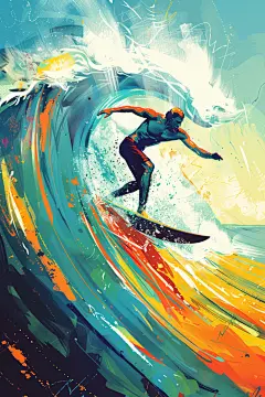 扁平风冲浪夏天海边插画