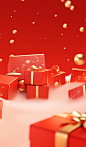 Red gift boxes with gold balls on the ground on an orange background, in the style of rendered in unreal engine, yanjun cheng, clean and simple designs, xmaspunk, atey ghailan, combining natural and man-made elements, website