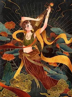 敦煌手国风手绘文艺敦煌飞天仙女插画 (9)