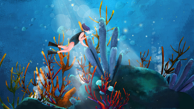 海洋主题插画——珊瑚与潜水者