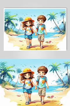 数字艺术学生放假开心过暑假扁平风插画