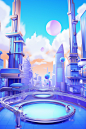 A scene of a futuristic city with a building, in the style of vibrant stage backdrops, journalistic cartoons, high-angle, light violet and sky-blue, tabletop photography