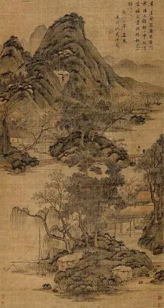 沈周——《桃源胜境》【草屋柴扉无点尘，门前溪水绿粼粼。中间有甚堪图画，满坞桃花一醉人】人物山水 立轴欣赏  |  
明|沈周(1427～1509)字启南，号石田、白石翁、玉田生、有居竹居主人等，长洲 (今江苏苏州)人。明代中期文人画“吴派”的开创者，&quot;吴门四家&quot;之首，与文徵明、唐寅、仇英合称“明四家”。擅山水，中年后风格沉着浑厚。亦作细笔，人称“细沈”。兼工花鸟、人物。