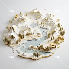 3D打印的景观模型浮雕图案黑色和金色的水墨画鸟瞰图海报