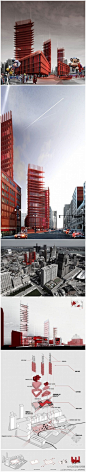 davide marchetti设计的美国底特律标志性建筑概念方案。设计延续现有的城市肌理，以形成完整的交通轴线，从而成为到达伍德沃德大道新中转点。高层结构以工业红砖的风格异军突起，成为底特律城市天际线的新亮点。{详细内容}http://t.cn/zQvALT1