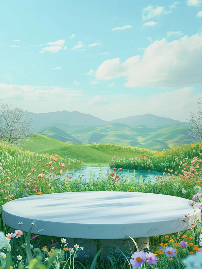 3d cartoon style. A simple circular stage is placed on a grassland with ...