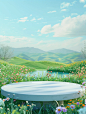 3d cartoon style. A simple circular stage is placed on a grassland with water and flowers. Blue sky background. There are rolling hills in the distance. Vibrant green, fresh spring breath. The Chinese grassland. Center composition. Cartoon style, surreali