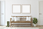 Farmhouse entryway. Wooden bench near white wall. Frame mockup. 3d render. stock photo
