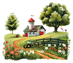 春季农耕生活农场谷仓鲜花车-有谷仓、汽车、鲜花、树木、山丘的农场