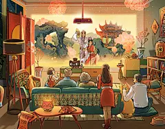 Chinese New Year &amp; Kun Opera特赞X天猫X江苏 民俗戏曲春节插画海报 : Chinese New Year &amp; Kun Opera the peony pavilion#天猫×江苏# 投影仪×昆曲 新年插画海报